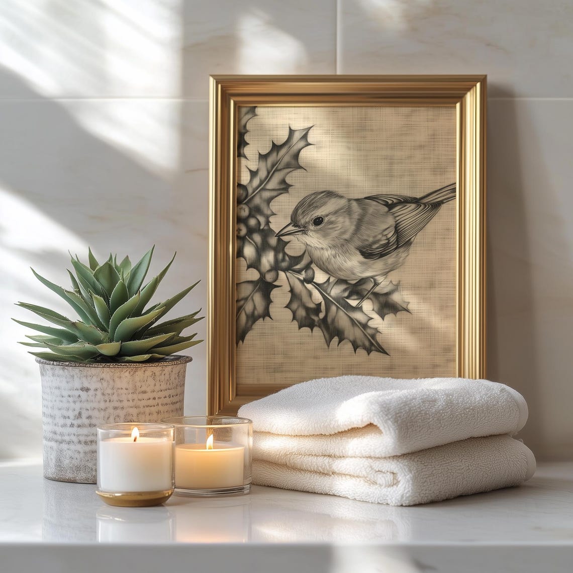 Songbird Among Holly Leaves Pencil Sketch Neutral Rustic Bird Poster - Image 3