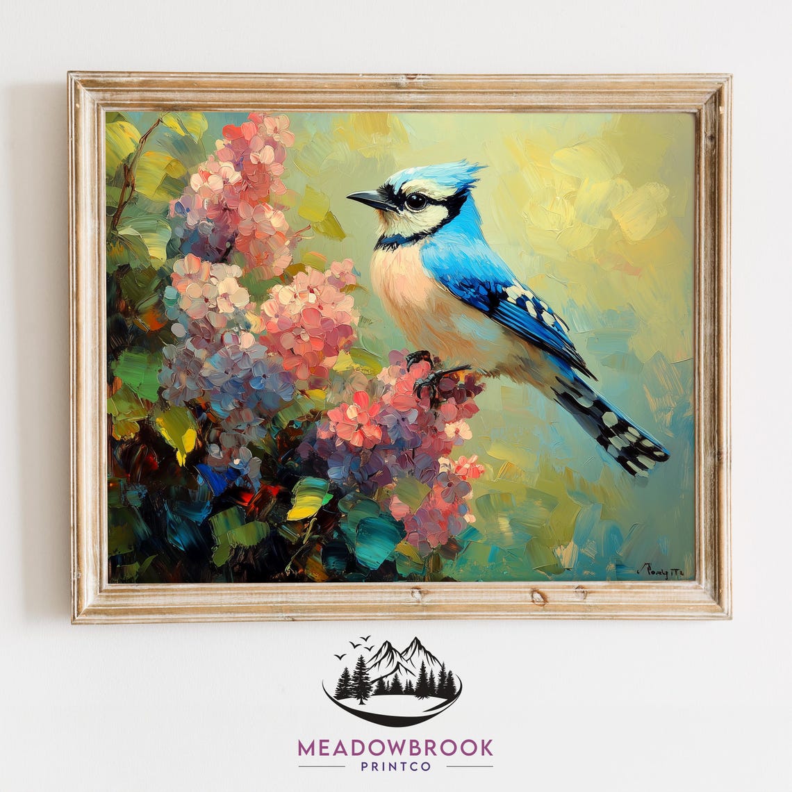 Blue Jay Perched On Blooming Hydrangea Branch Impasto Spring Poster