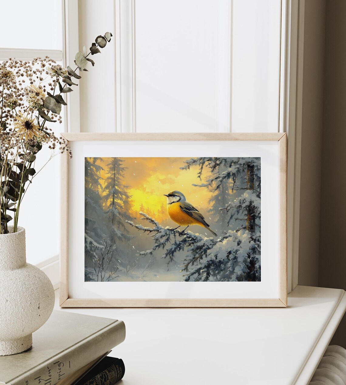 Goldcrest Bird on Snowy Evergreen Branch Golden Sunset Winter Poster - Image 3