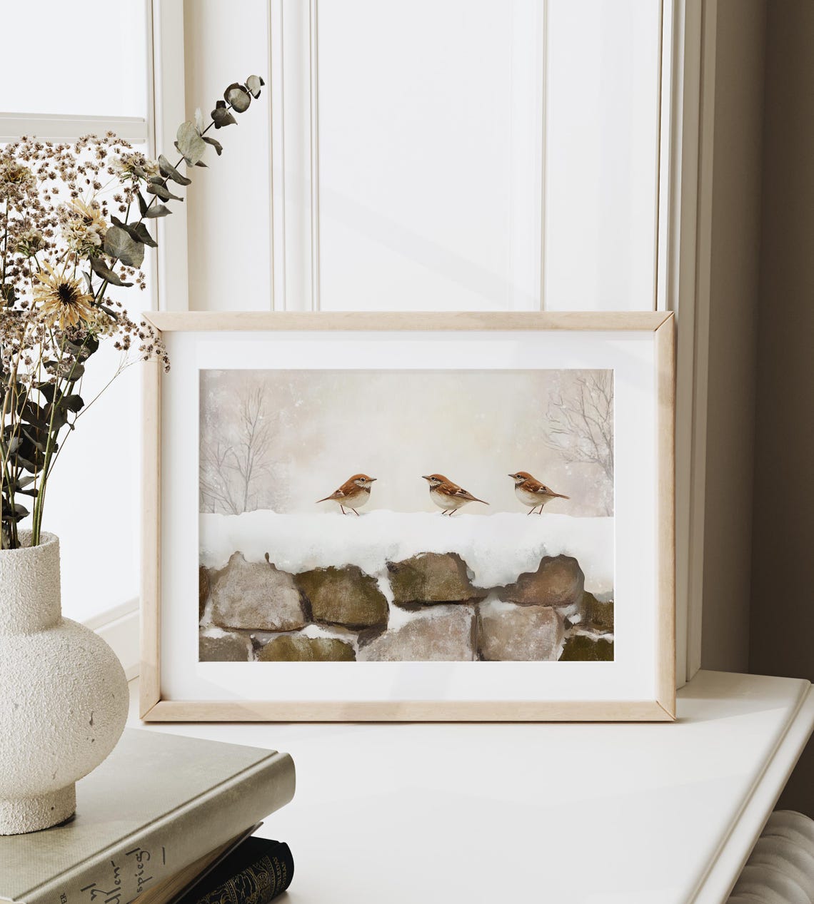 Three Sparrows On A Snowy Stone Wall Minimalist Winter Bird Art Poster - Image 3