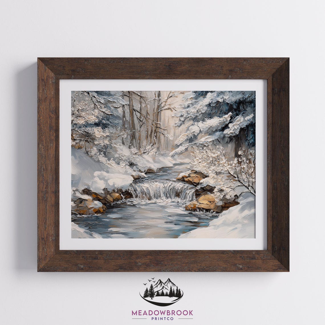 Serene Snowy Forest Stream Winter Waterfall Rustic Painting Print - Image 2