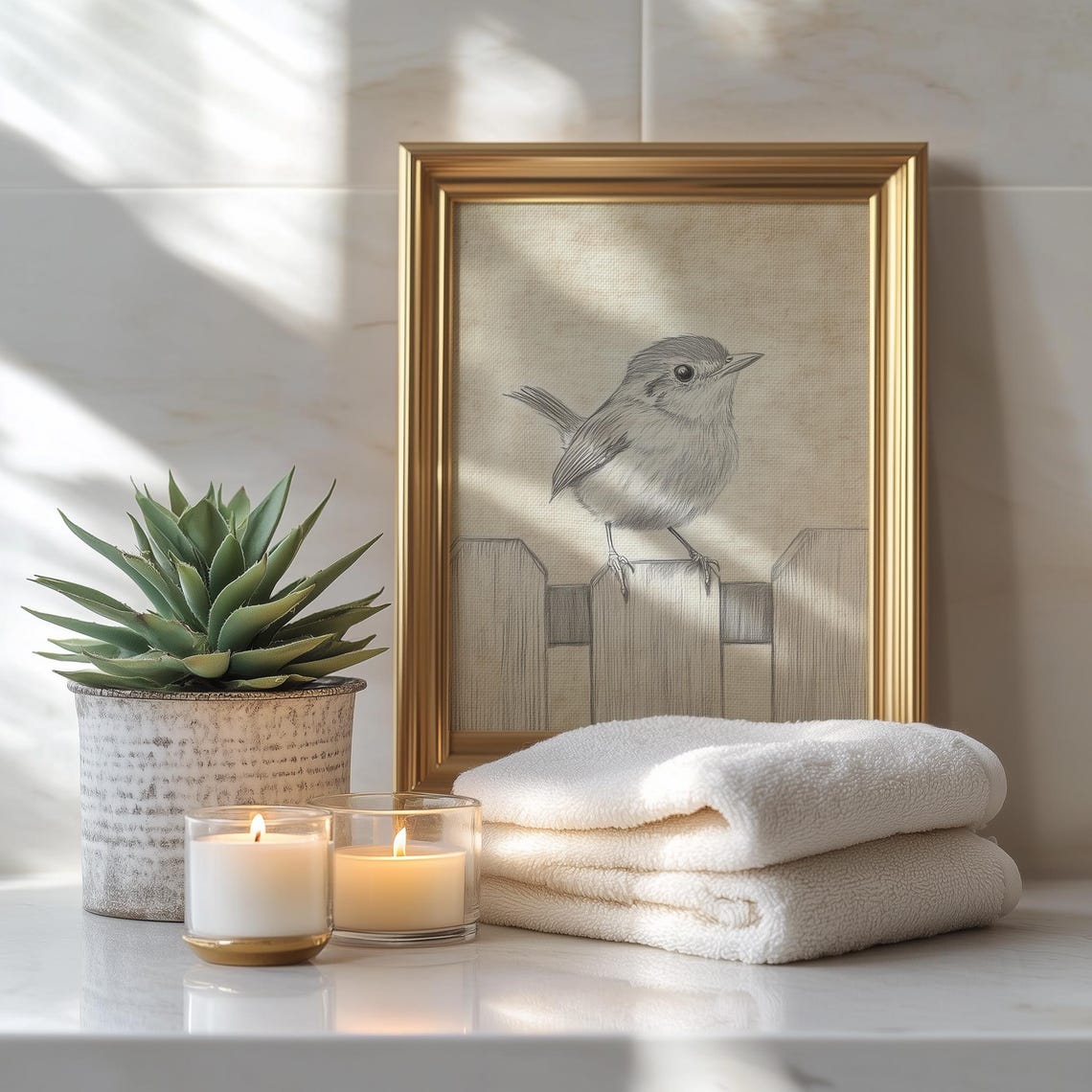 Little Bird On Garden Fence Pencil Sketch Rustic Bird Art Print Poster - Image 3