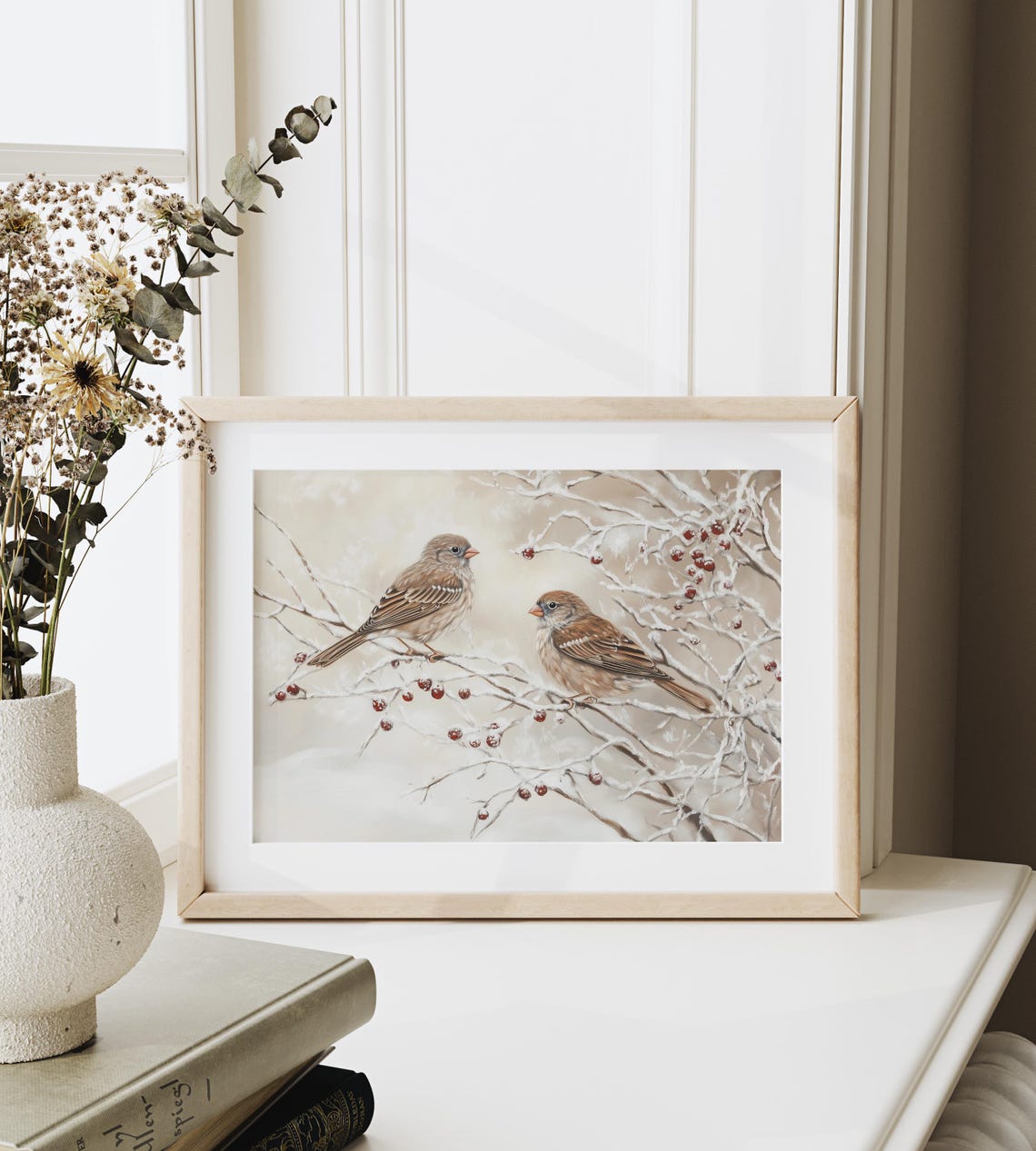 Pair Of Sparrows On Snowy Berry Branches Winter Bird Art Poster - Image 3