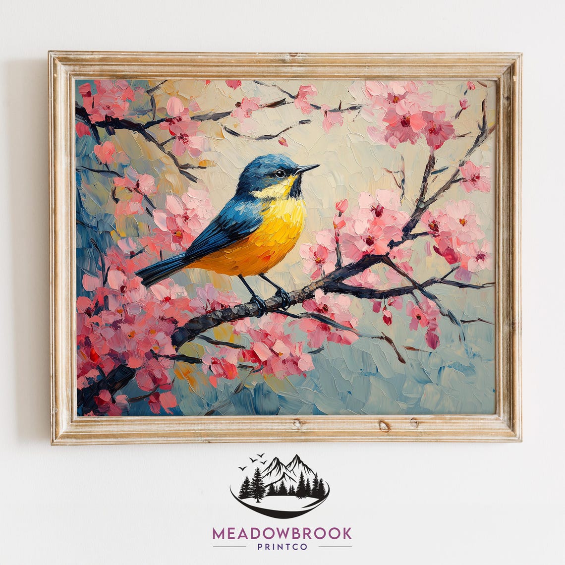 Blue Yellow Songbird In Blossoming Canopy Pastel Spring Art Poster