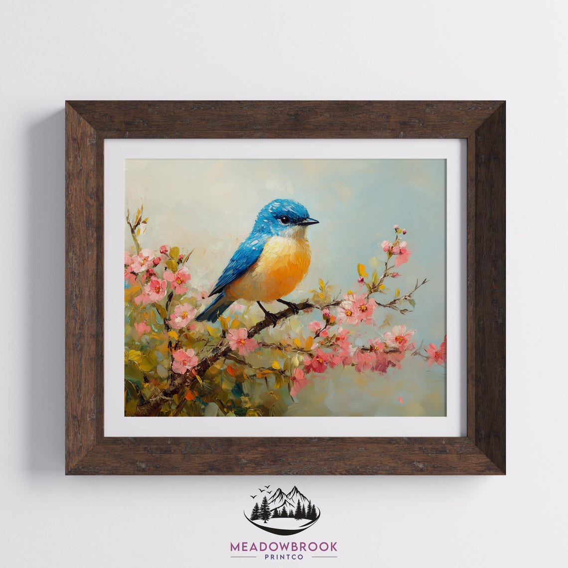 Radiant Bluebird Among Cherry Blooms Soft Blue Sky Spring Poster - Image 2