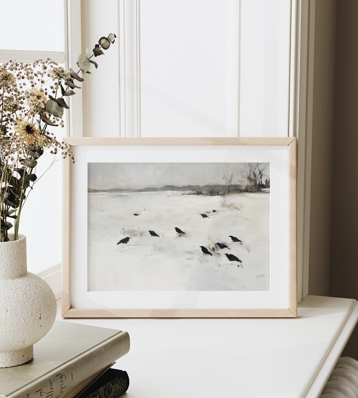 Small Flock Of Birds On Snowy Meadow Neutral Winter Art Poster - Image 3