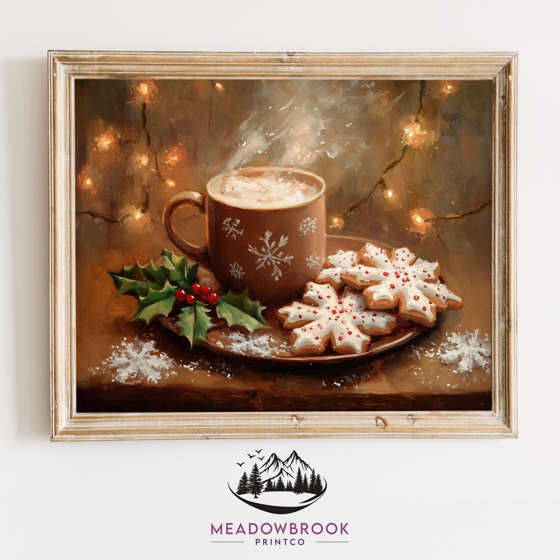 Steaming Cocoa Mug With Holiday Cookies, Christmas Art Print