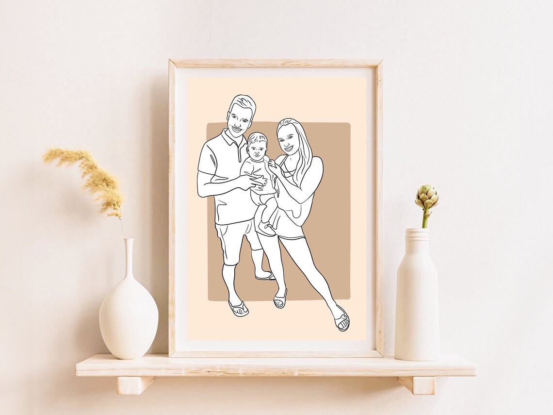 Personalized Family Line Art Portrait With Dog Terracotta Art Poster - Image 3