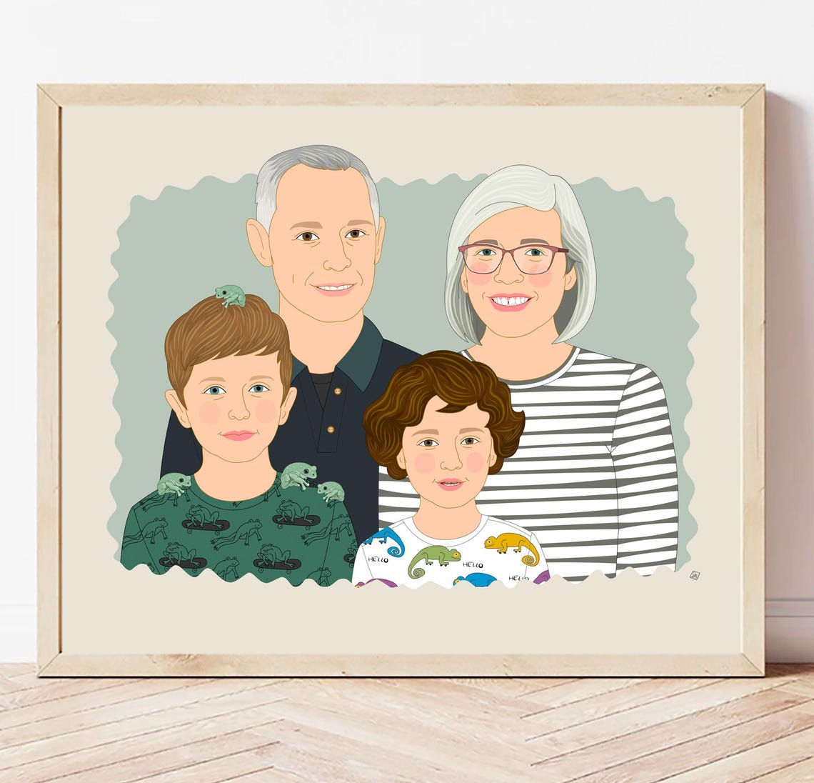 Family of Four With Dog Scalloped Edge Custom Portrait Poster - Image 5
