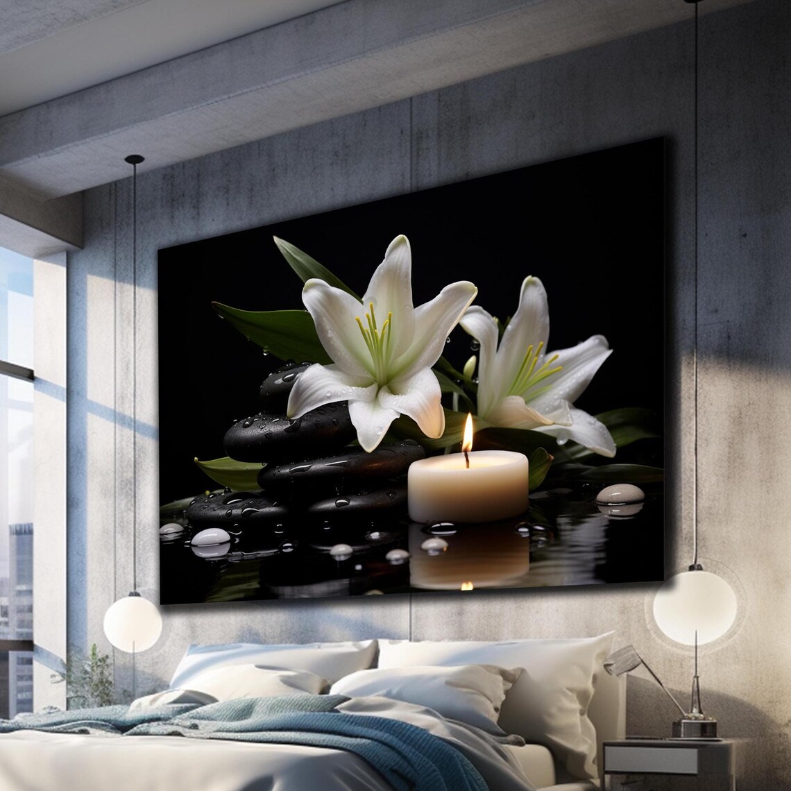 White Lilies Lit Candle Black Stones Water Reflection Zen Art Print