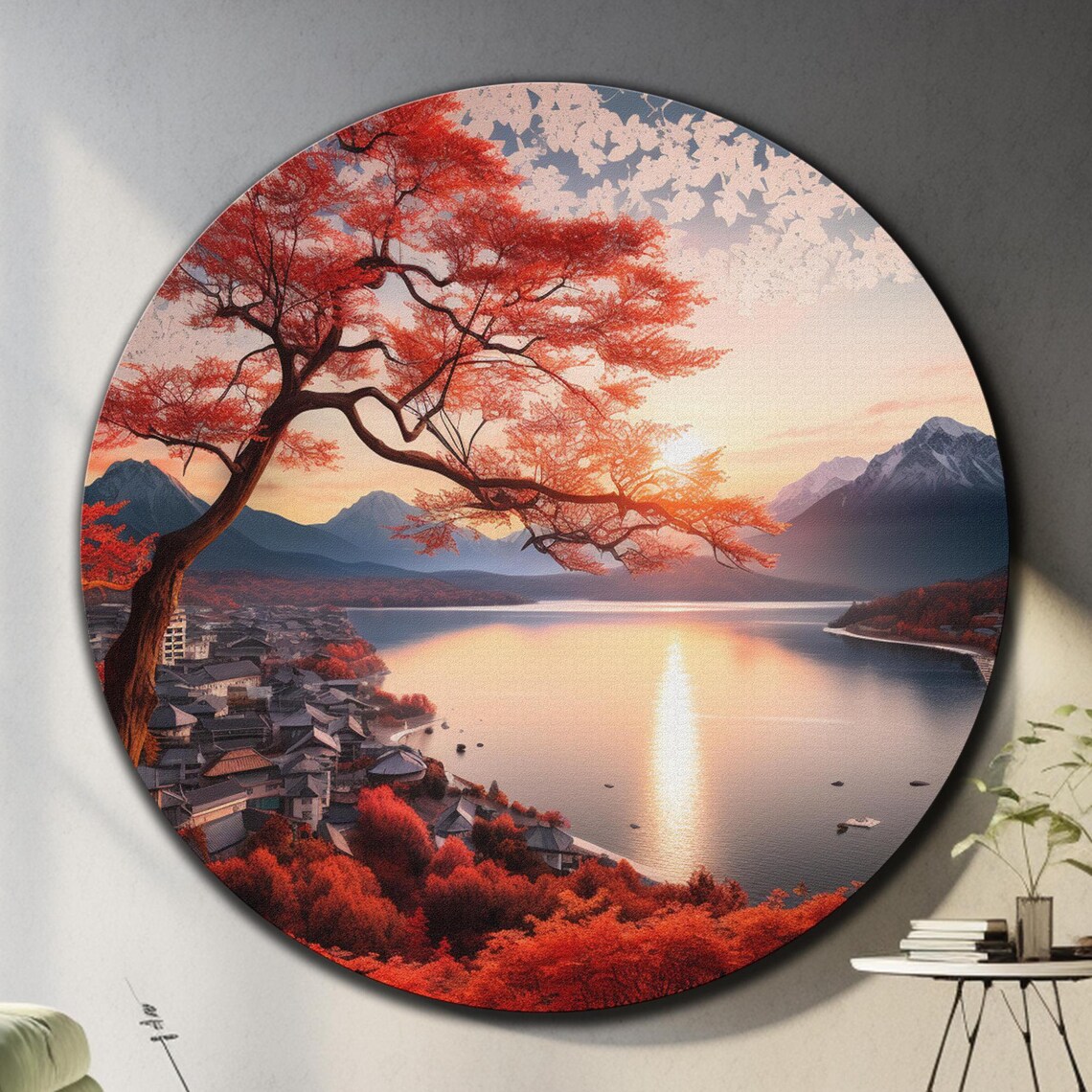 Mount Fuji Autumn Sunset Red Maple Lake Village Glass Round Wall Art