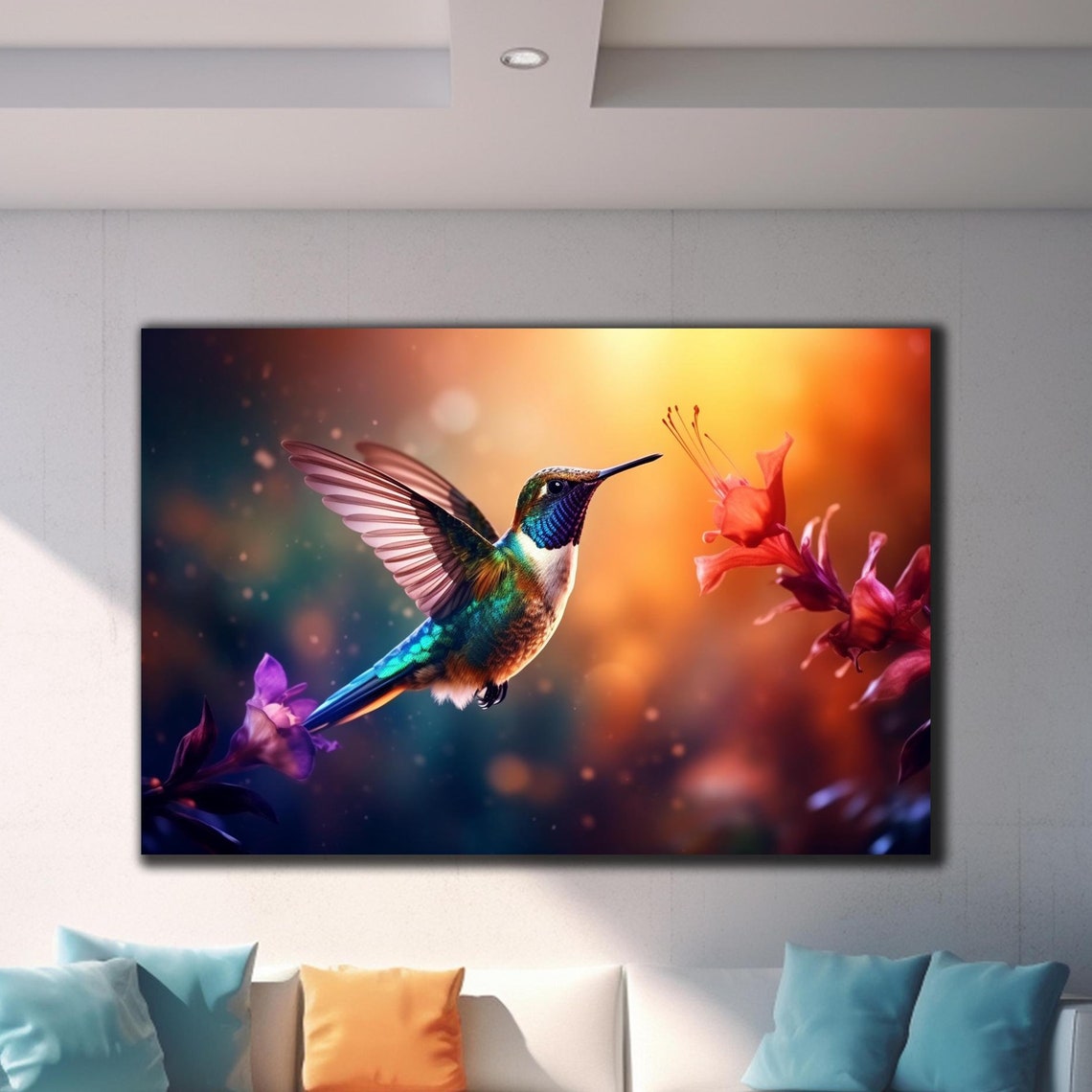 Hummingbird Hovering Red Purple Flowers Glowing Sunset Glow Poster