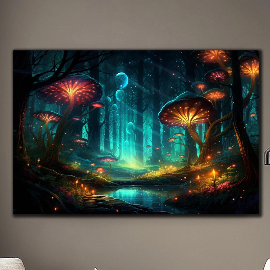 Tempered Glass Wall Art Fireflies Illuminate Forest Fantasy Neon Wall Decor Optical Illusion Artwork Psychedelic Glowing Forest Glass Art
