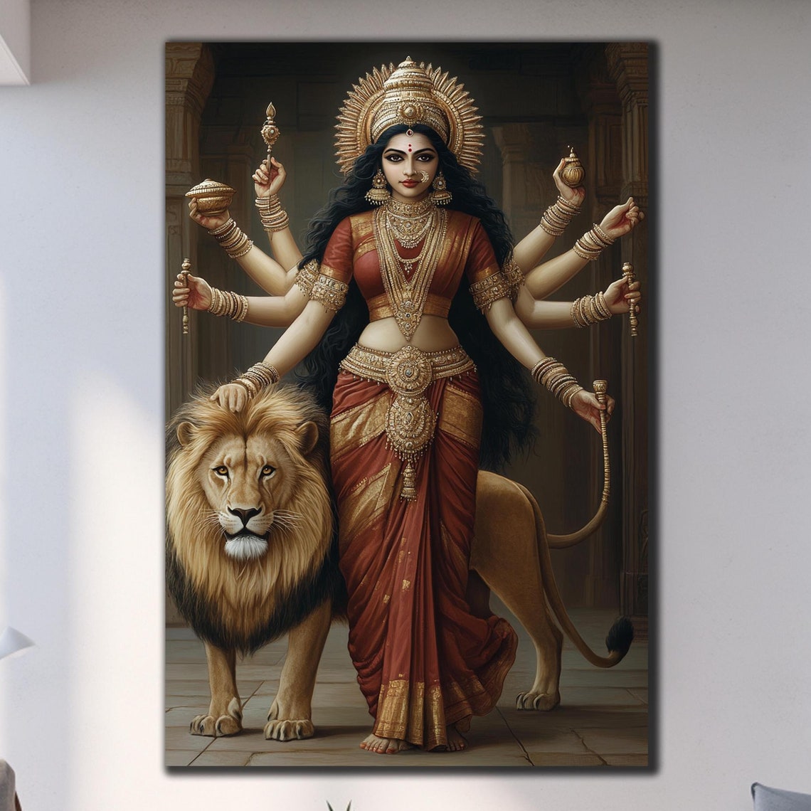 Durga Goddess With Lion Red Sari Hindu Deity Spiritual Wall Art Poster