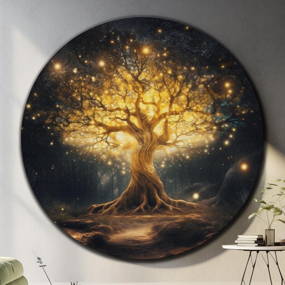 Glowing Golden Tree Of Life Twisted Trunk Starry Night Wall Art