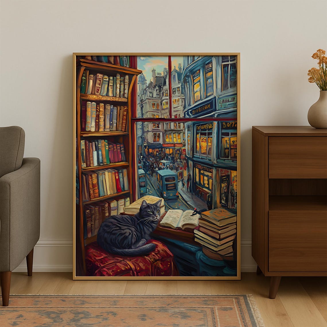 Grey Cat Napping In Cozy Library Window Over Bustling City Poster