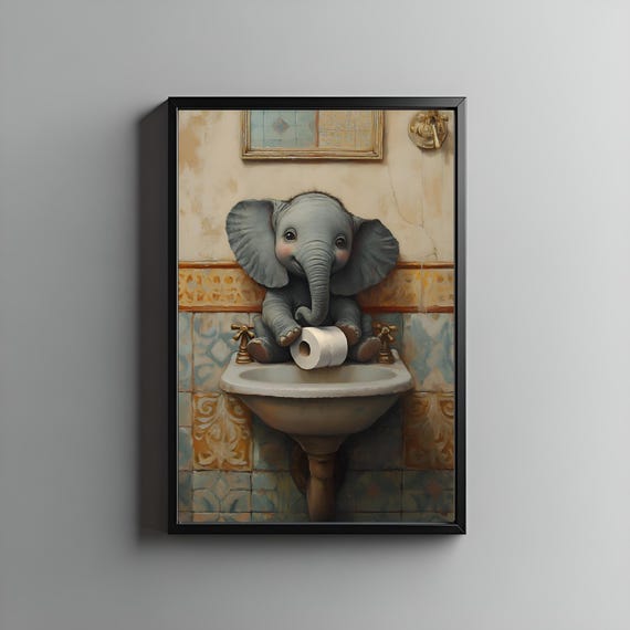 Justwalldesign Cute Elephant In Bathroom Decor Funny Art Print Wall