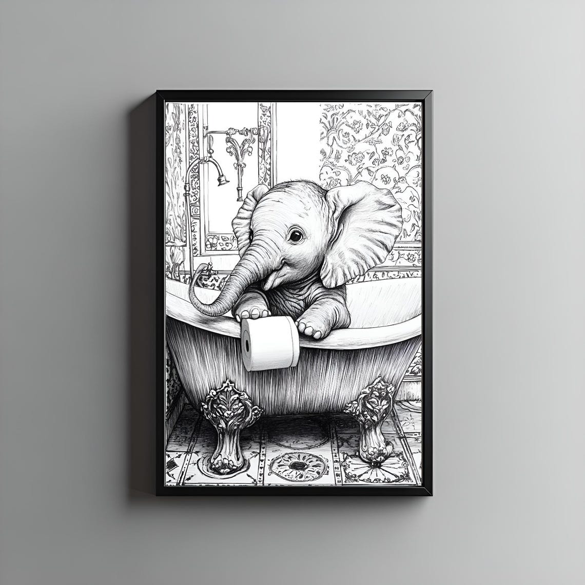 Justwalldesign Black White Cute Elephant Bathroom Wall Art Funny Decor Prints