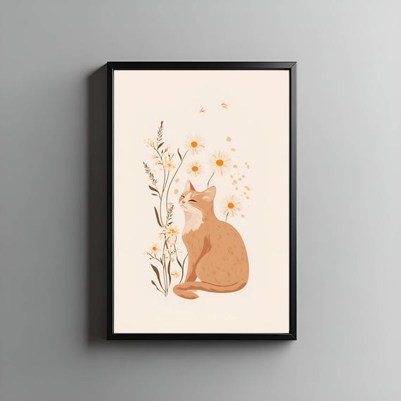 Cat Art Print Floral Portrait Wall Perfect Lover Gift Cute Decor For Home Minimalist