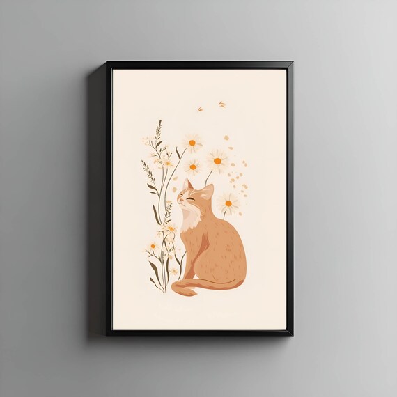 Minimalist Ginger Cat Resting Peacefully Among White Daisies Poster