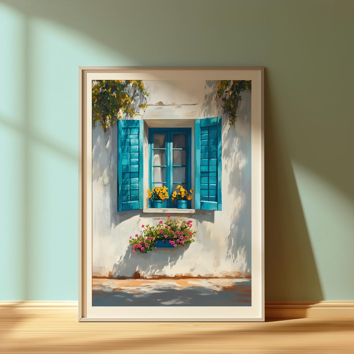 Mediterranean Blue Shutter Window With Yellow Flowers Wall Poster
