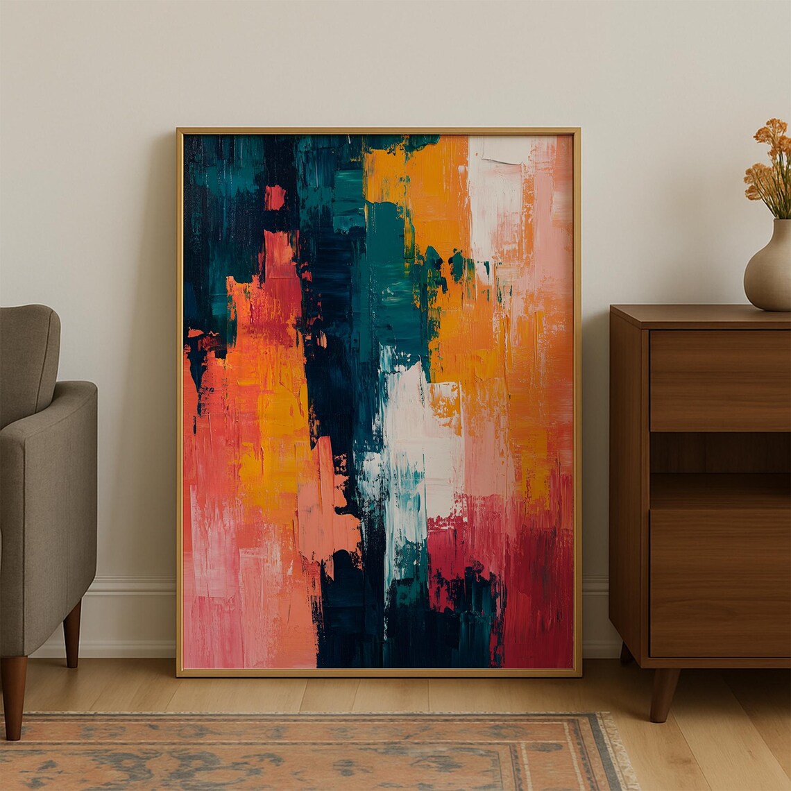 Bold Teal Orange And Coral Abstract Oil Painting Style Art Poster