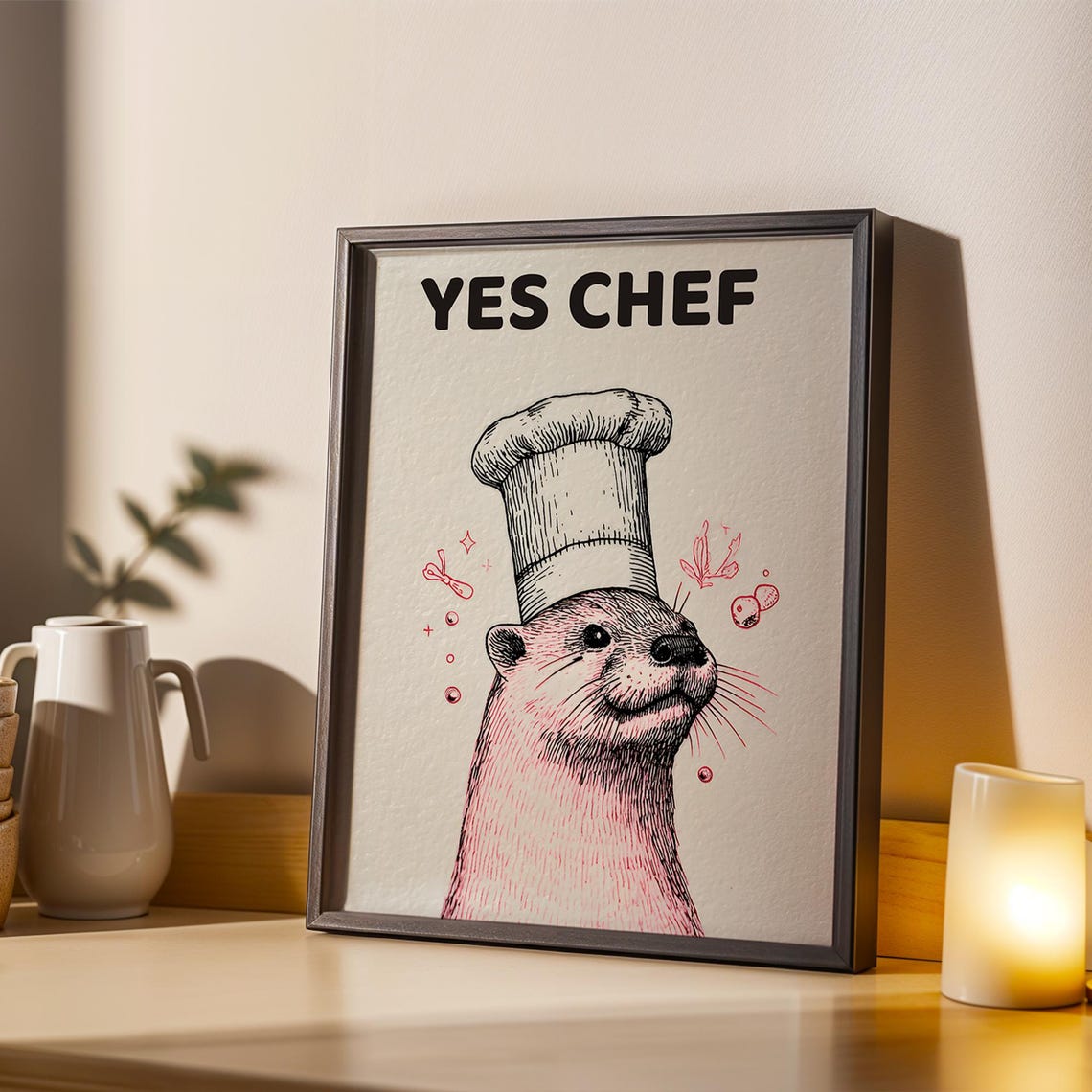Yes Chef Smiling Otter in Chef Hat Pink Kitchen Humor Poster