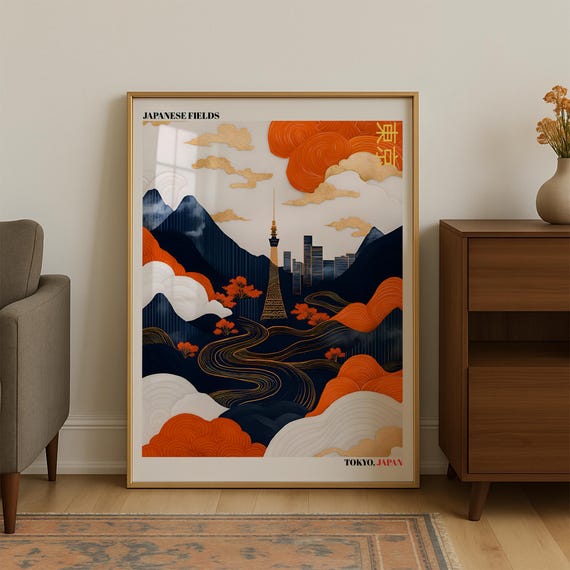 Japanese Fields Tokyo Tower Red Clouds Mountain Valley Poster