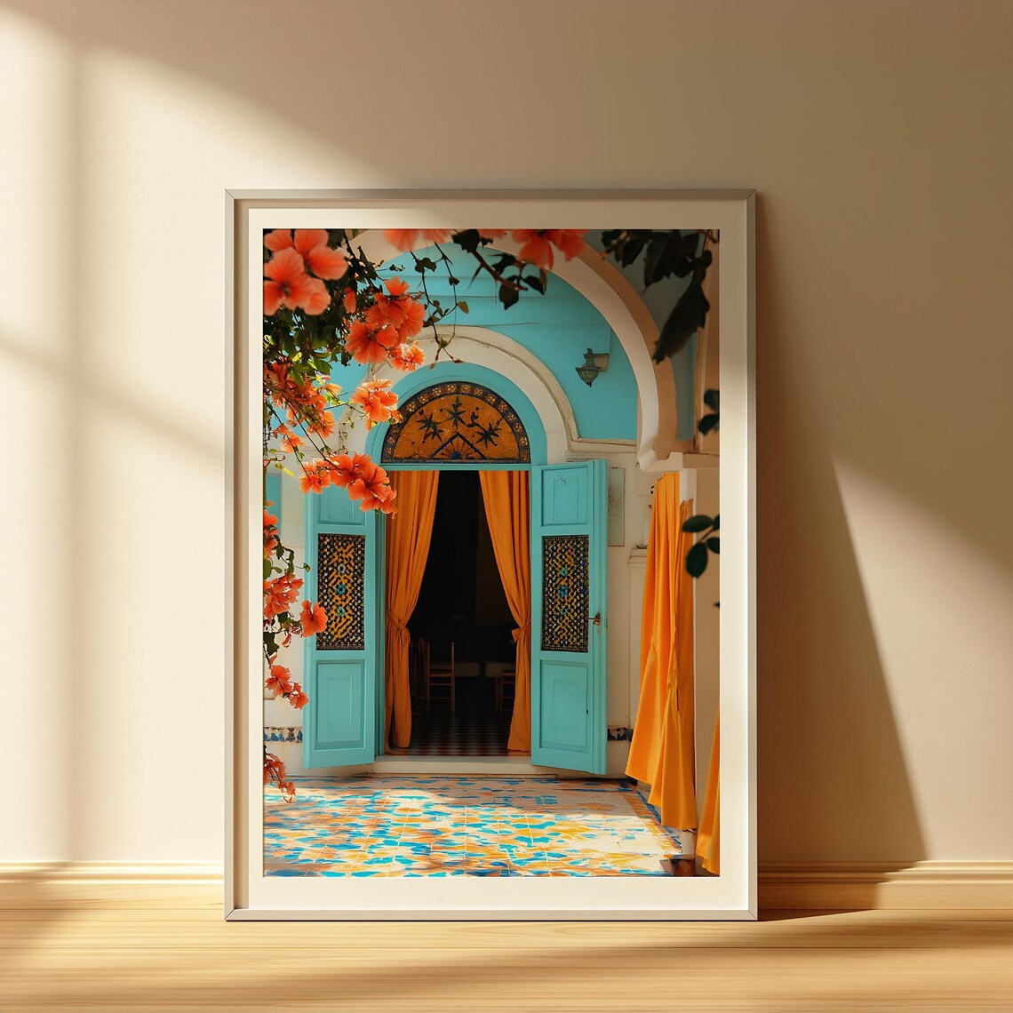 Moroccan Turquoise Door With Orange Curtains And Mosaic Patio Poster