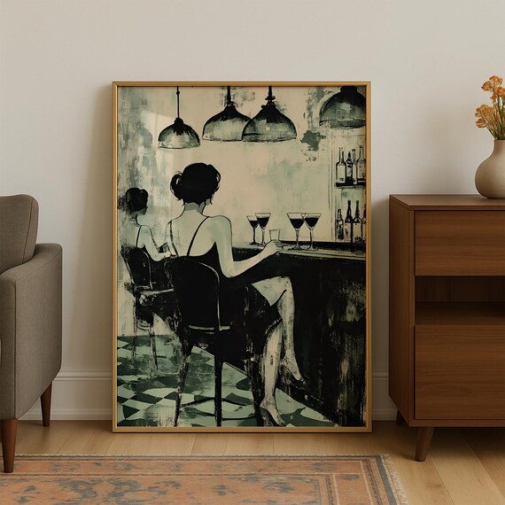 Elegant Woman Drinking Cocktails at a Chic Bar Sage Green Poster