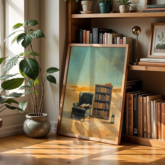 Surreal Desert Library Scene With Armchair And Bookshelf Wall Poster