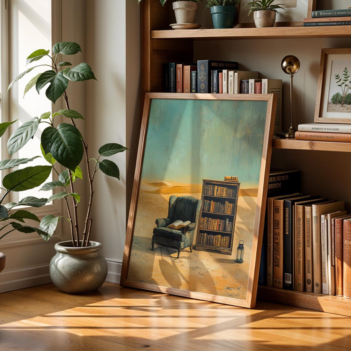 Surreal Desert Library Scene With Armchair And Bookshelf Wall Poster