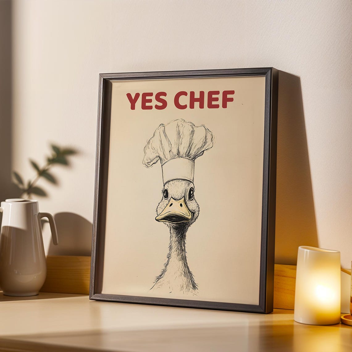 Yes Chef Duck in Chef Hat Red Text Funny Kitchen Wall Poster