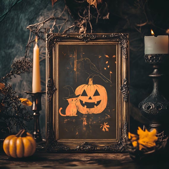 Halloween Cat in Witch Hat Beside Jack O Lantern Pumpkin Poster