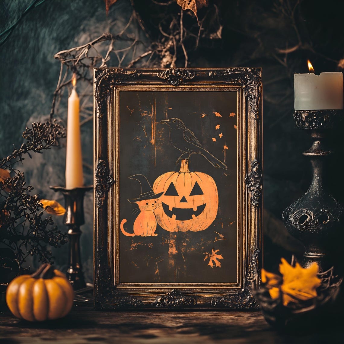Halloween Cat in Witch Hat Beside Jack O Lantern Pumpkin Poster