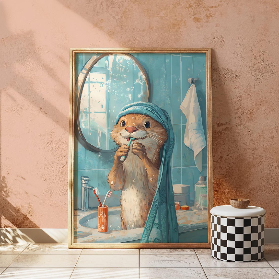 Funny Otter Brushing Teeth with a Towel in a Blue Bathroom Poster