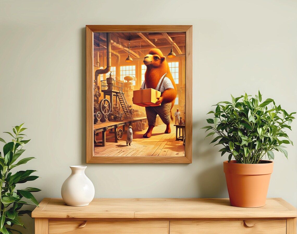Friendly Camel Carrying a Cardboard Box in a Factory Humor Poster