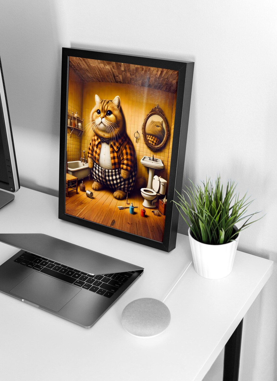 Pajama Cat Standing in Tiled Bathroom Funny Morning Routine Poster - Image 4