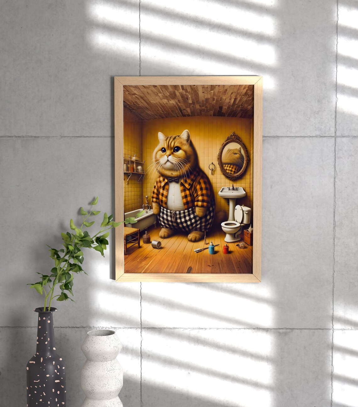 Pajama Cat Standing in Tiled Bathroom Funny Morning Routine Poster - Image 3