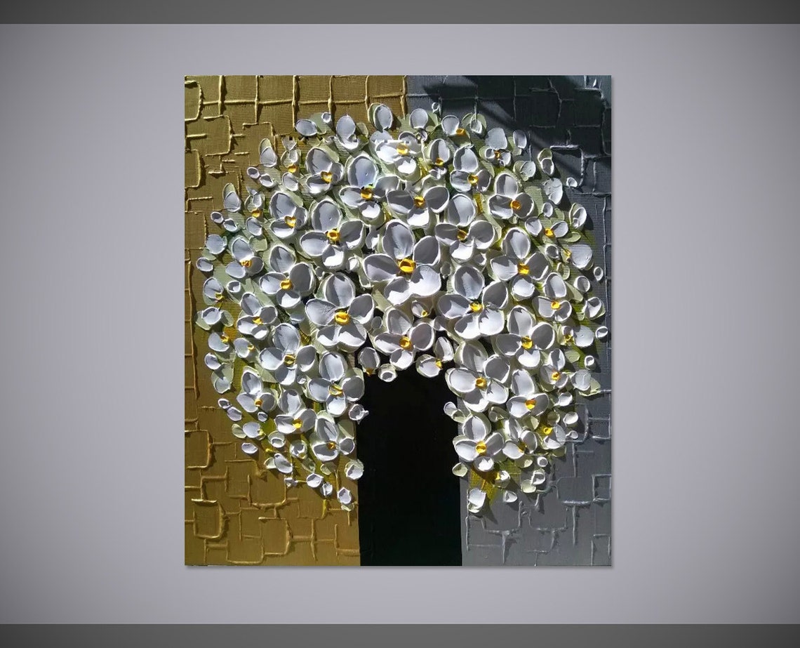 White Floral Bouquet In Black Vase Gold Grey Canvas Oil Poster - Image 4