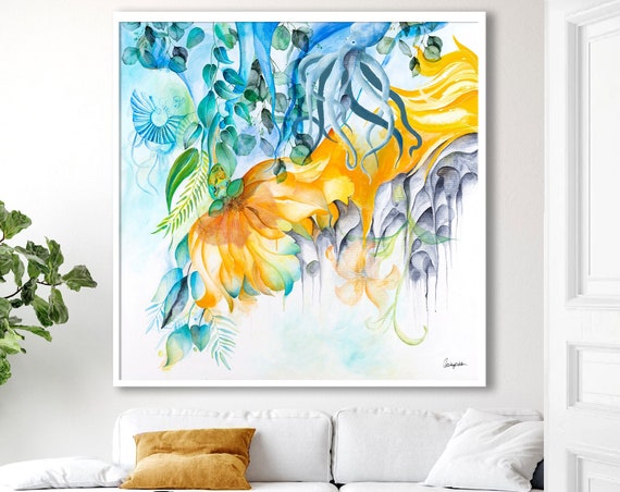 Large Abstract Wall Art Octopus Art Blue And Yellow Wall Art Square Painting For Living Room Large Abstract Acrylic Painting On