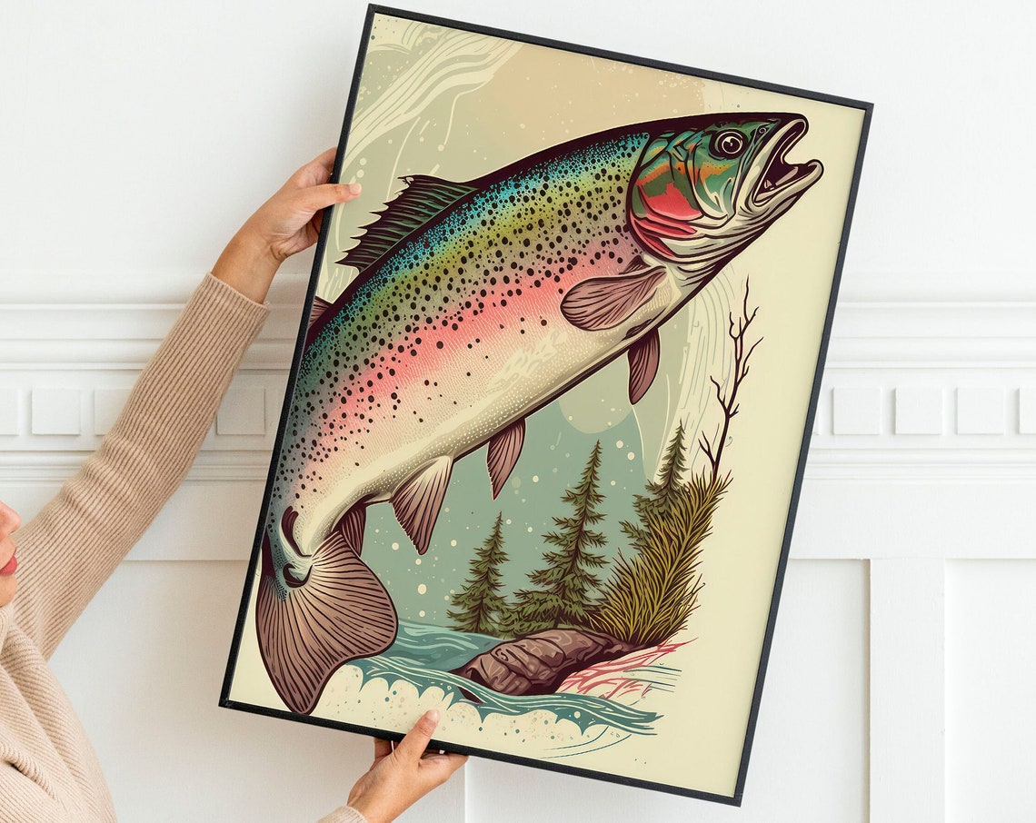 Rainbow Trout Leaping Wild River Pines Vintage Fishing Scene Poster - Image 4
