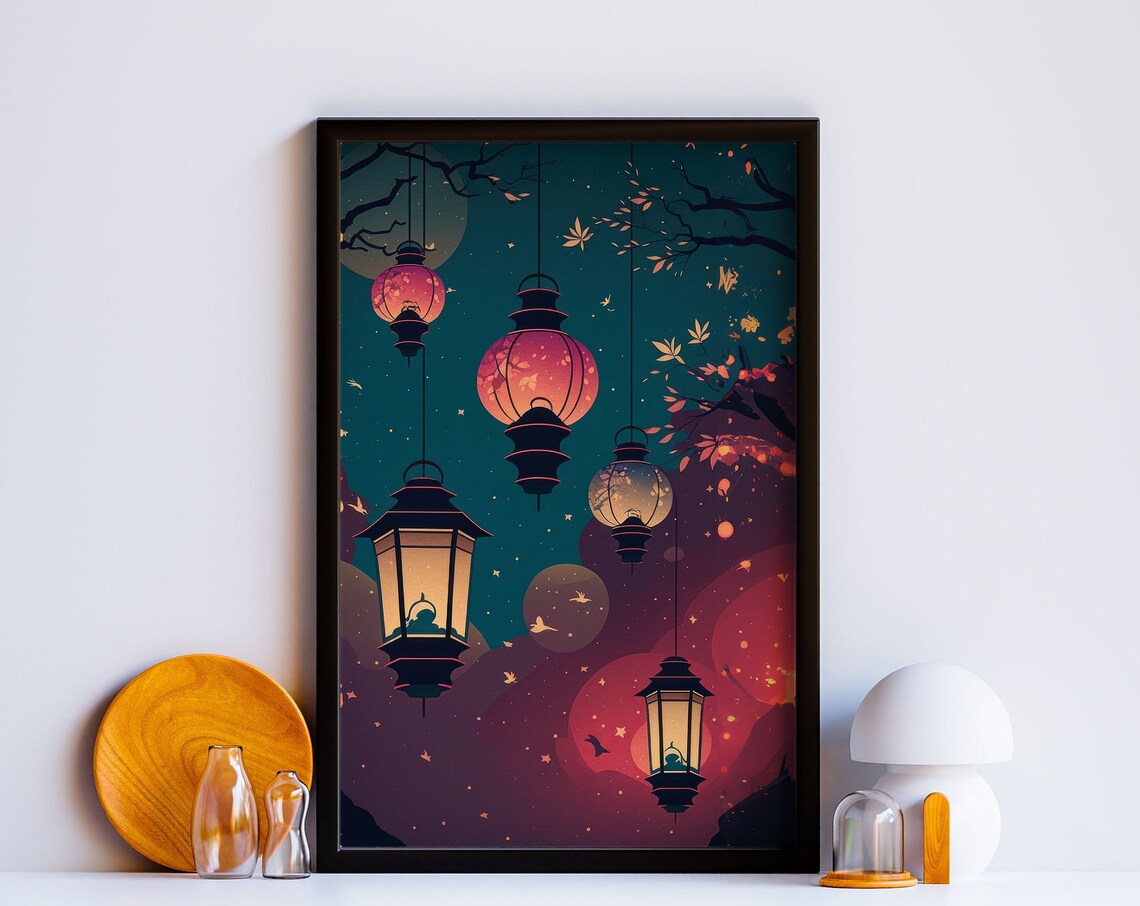 Japanese Night Lanterns Teal Sky Glowing Cozy Eastern Scene Wall Art