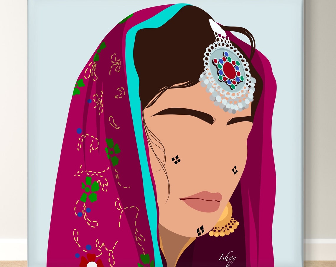 Afghan Woman Portrait in Magenta Veil and Mirror Jewelry Poster