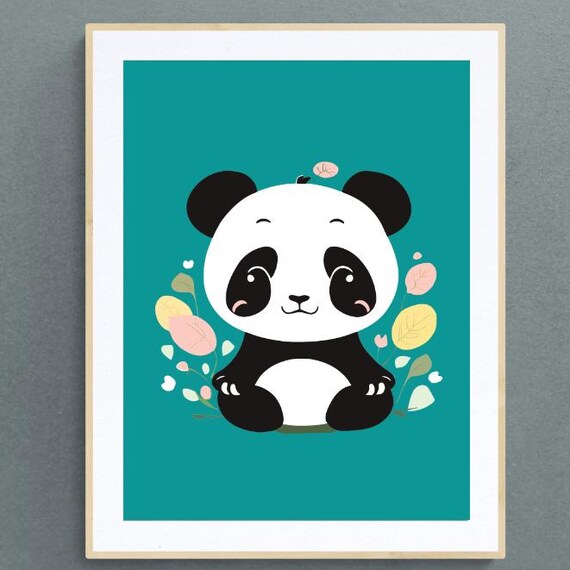 Cute Baby Panda Teal Floral Nursery Wall Art for Kids Bedroom