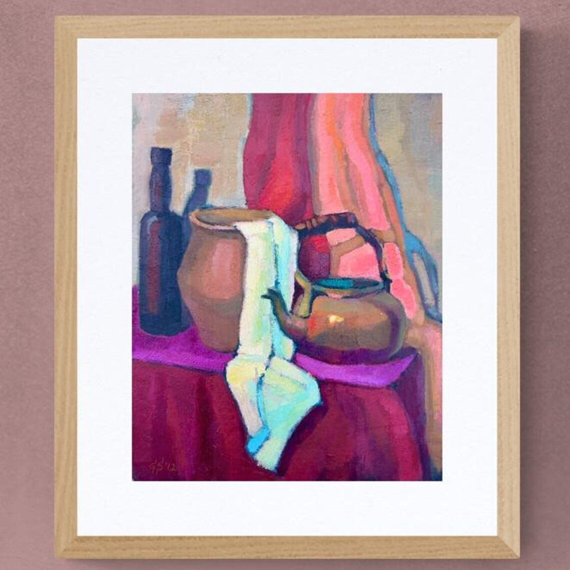 Vivid Still Life Oil Painting with Pottery Teapot and Bottles Poster