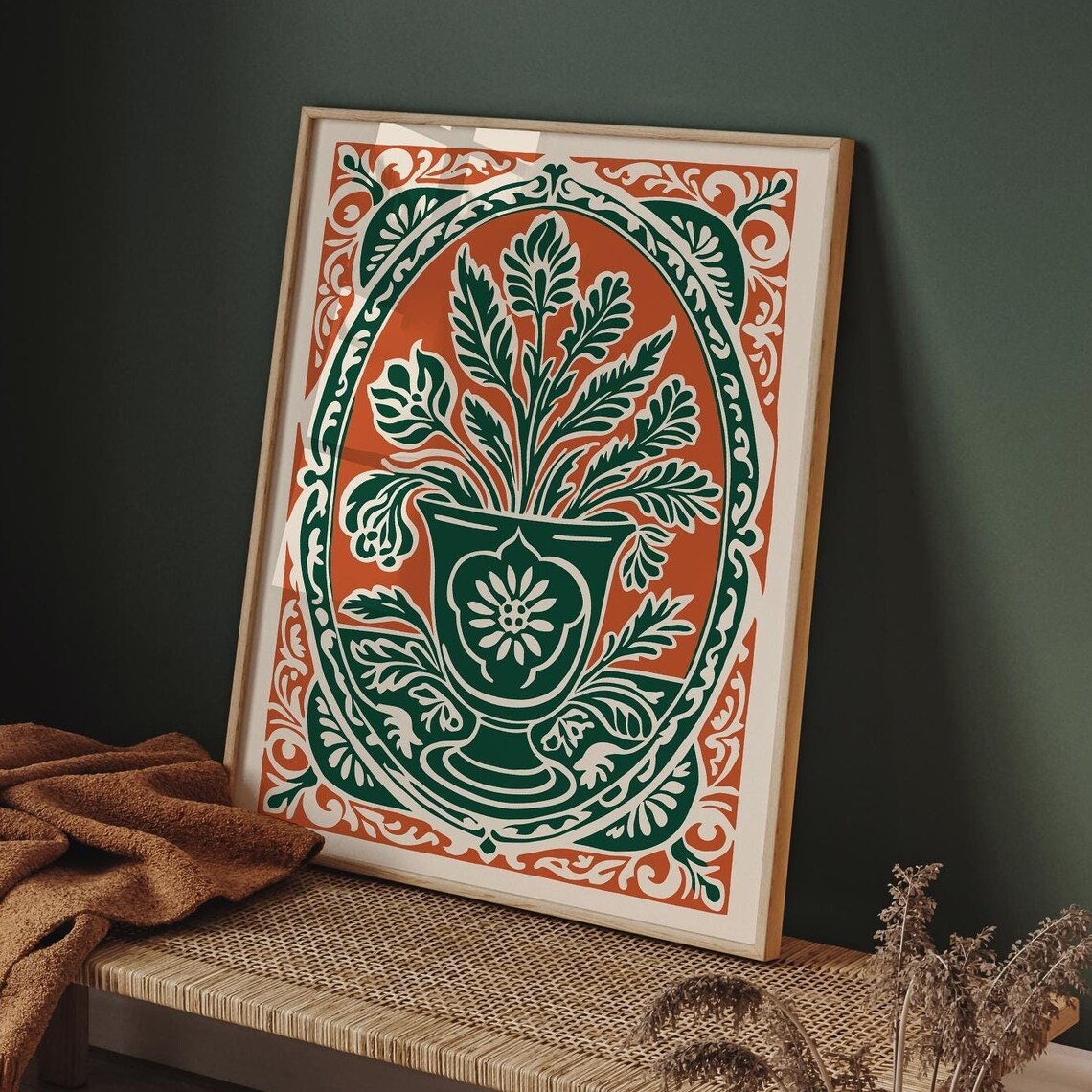 Green Urn Foliage Orange Rococo Botanical Kitchen Art Poster