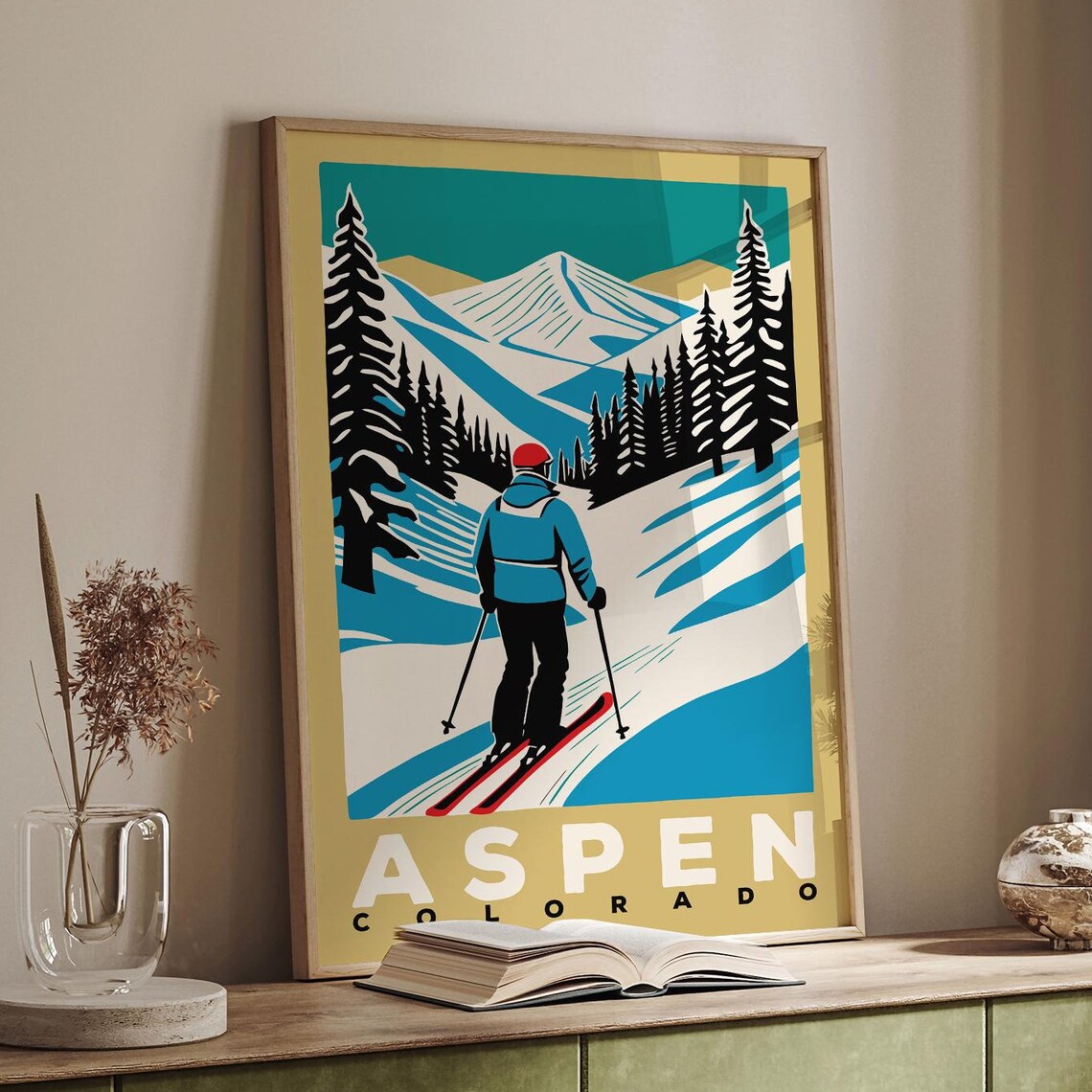 Aspen Colorado Ski Resort Retro Skier Winter Mountain Travel Poster