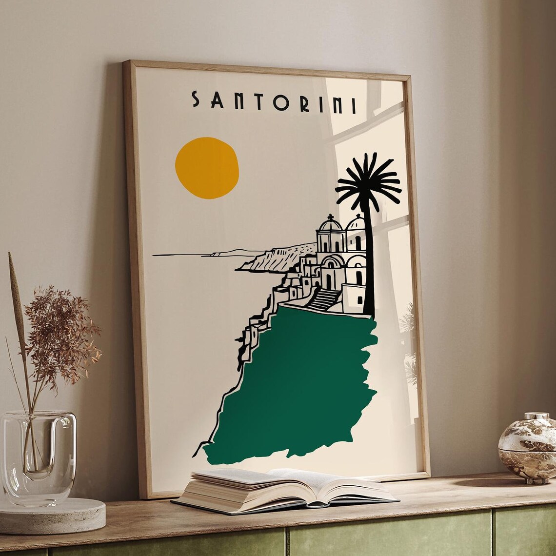 Minimalist Santorini Greece Sun Palm Cliff Village Art Poster - Image 5