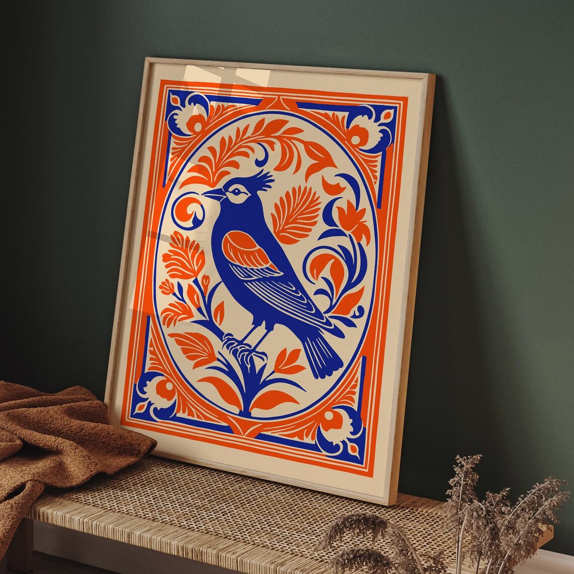 Blue Bird in Orange Rococo Oval Frame Folk Bird Vintage Poster
